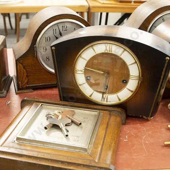 Two Oak Cased Mantel Clocks and Wall Clock