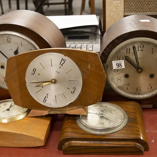 Two Oak Cased Mantel Clocks and Three Smaller