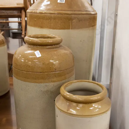 Large Stoneware keg and Two Crocks (faults)