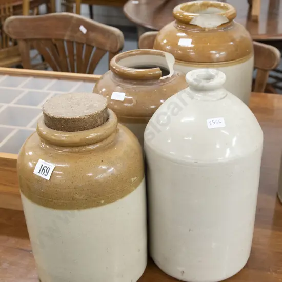 Three Stoneware Crocks and Keg (faults)