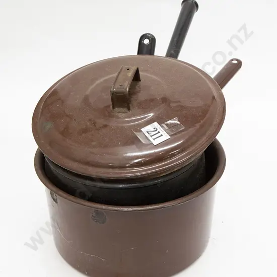 Three Colonial Enamel Cooking Pots