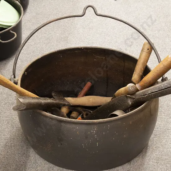 Large Colonial Cast Iron Coal Range Pot and Various Farm Implements