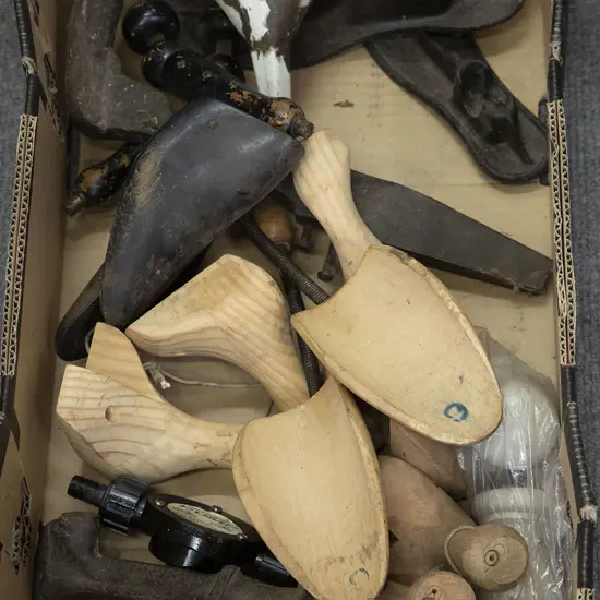 Carton of Wooden and Metal Shoe Lasts