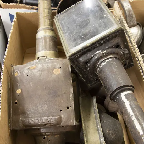 Three Antique Carriage Lamps and Vintage Car Horn