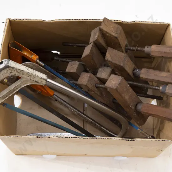 Set of Four Wooden Clamps and Three Hacksaws