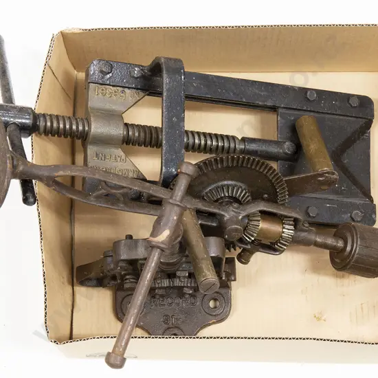 Two Vintage Pipe Vises and Large Brace Drill