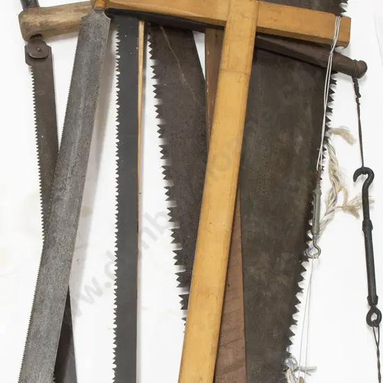 Three Wooden Bow Saws and Two Tree Saws