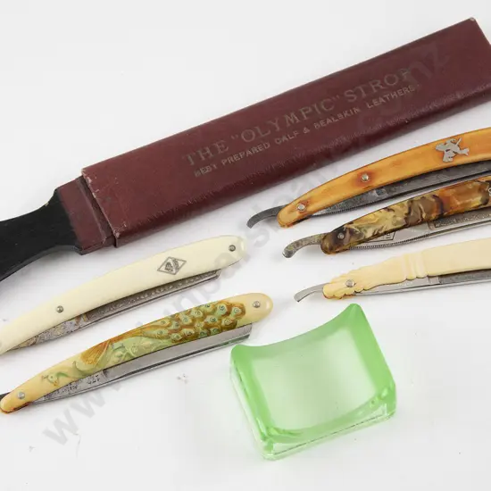 Five Antique Cut throat Razors with Leather and Glass Strops