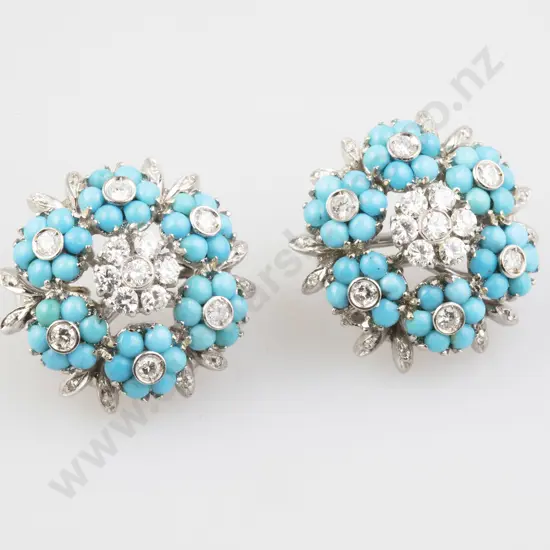 Pair 18ct White Gold Turquoise and Diamond Cluster Earrings
