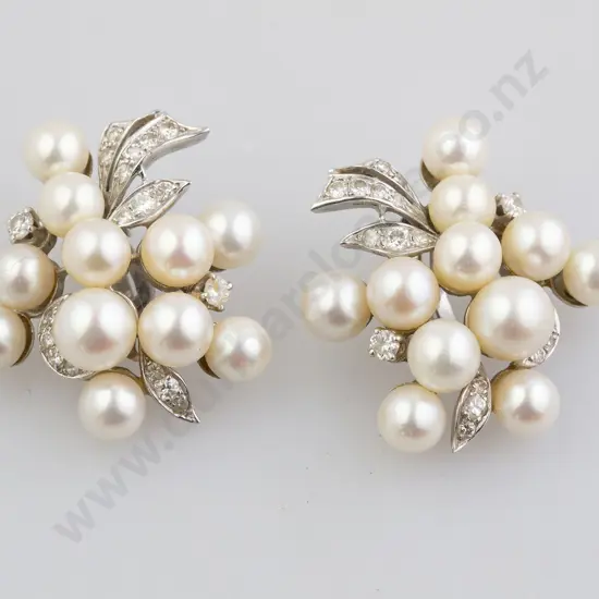 Pair 14ct White Gold Cultured Pearl and DIamond Cluster Earrings