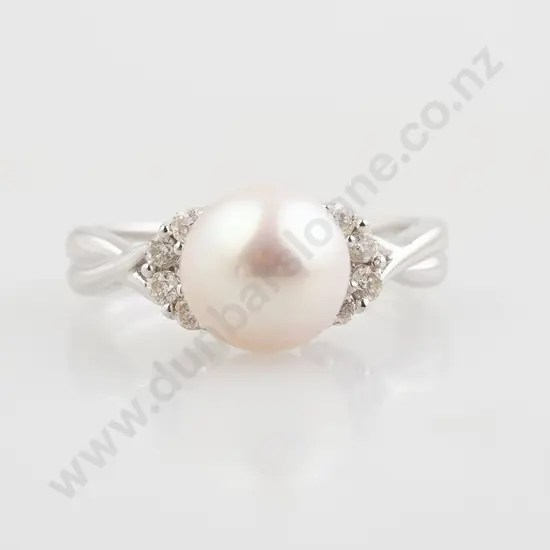 18ct White Gold Single Pearl and Diamond Dress Ring