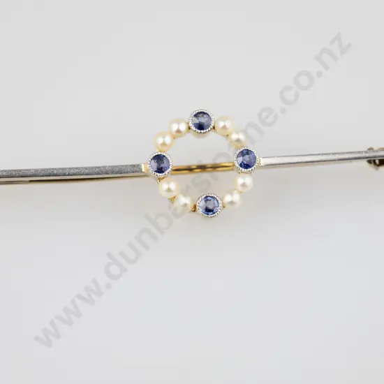 Edwardian 15ct 16stone Sapphire and Pearl Circlet Bar Brooch