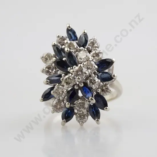 14ct White Gold 28stone Sapphire and Diamond Cluster Ring