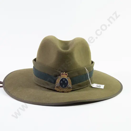 Modern NZ Slouch Hat with Logistic Corp hat badge on khaki/dark green/khaki puggaree