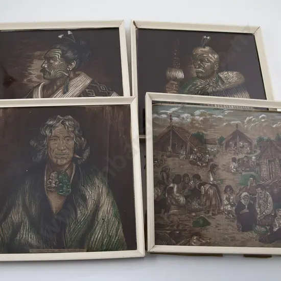 Set Four Framed Panels of Printed Linen