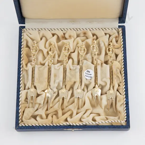 Cased Set Of 6 Norwegian S/S Gilt Cake Forks