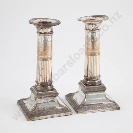 Pair C19th Sheffield Plate Doric Column Candlesticks