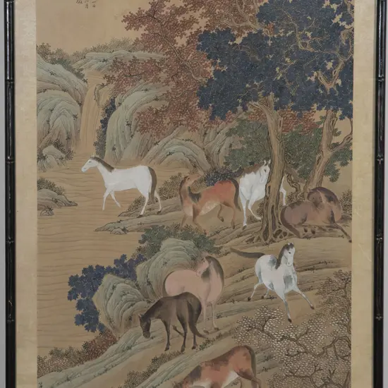Framed Chinese Scroll Painting of Eight Horses in a Landscape