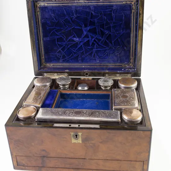 Vict Burr Walnut & Ebonised Portable Dressing Table Box