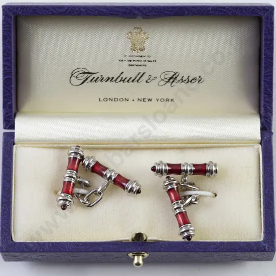 Pair Fancy S/Plate and Red Enamel Cuff-Links