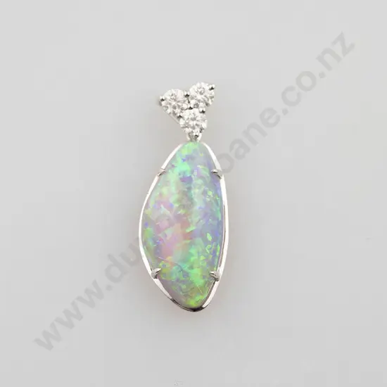 14ct White Gold Lightning Ridge Black Opal and Diamond Pendant