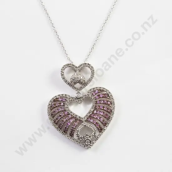 14ct White Gold 169stone Pink Sapphire & Diamond Heart Pendant