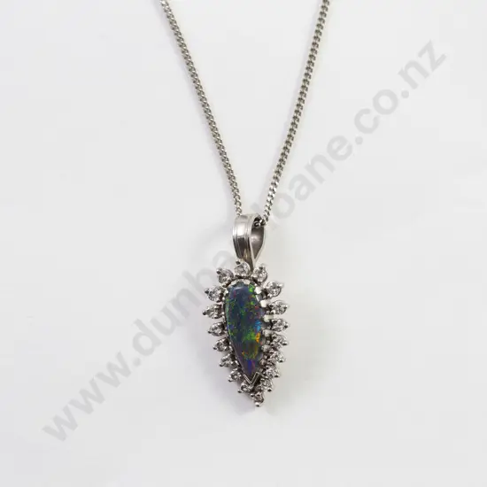 18ct White Gold 19stone Black Opal & Diamond Pendant