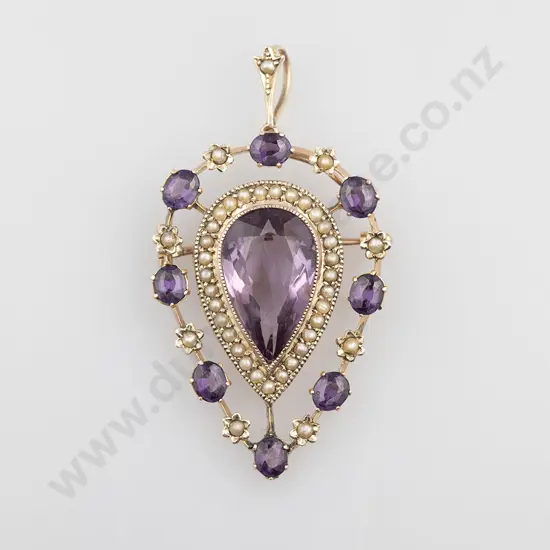 Edwardian 9ct Amethyst and Pearl Pendant/Brooch