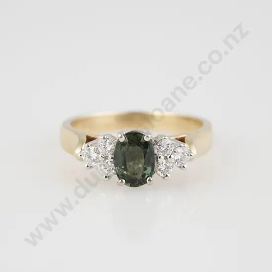 9ct Seven Stone Green Sapphire & Diamond Ring