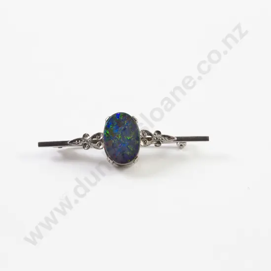 18ct White Gold Single Black Opal Triplet Bar Brooch