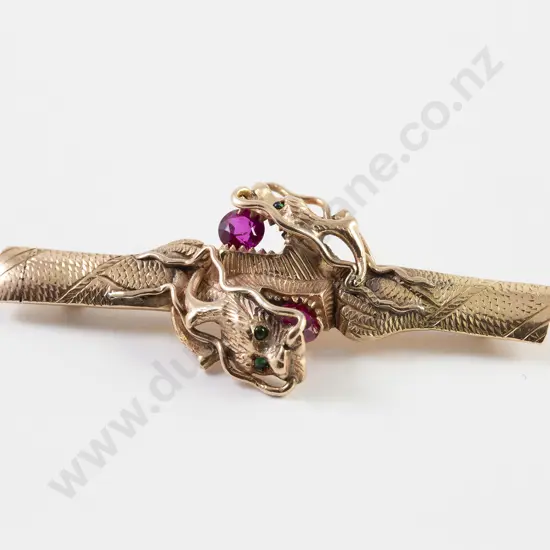 10ct Rose Gold Double Head Dragon Bar Brooch