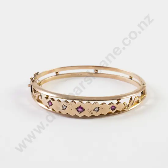 9ct Five Stone Ruby & Diamond Chip Hinged Snap Bangle
