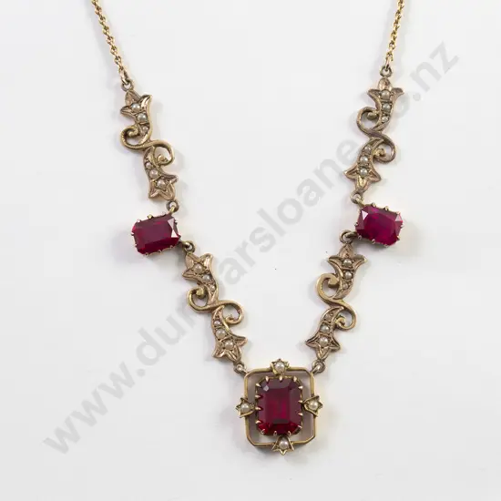 Edwardian 9ct Imitation Ruby & Pearl Necklet