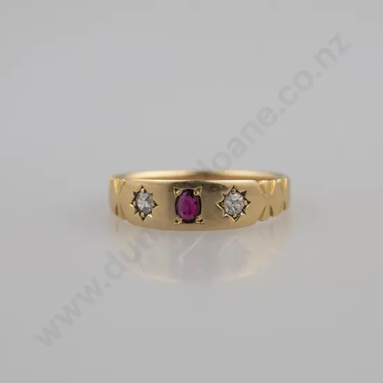 Victorian 18ct Three Stone Diamond & Ruby Band