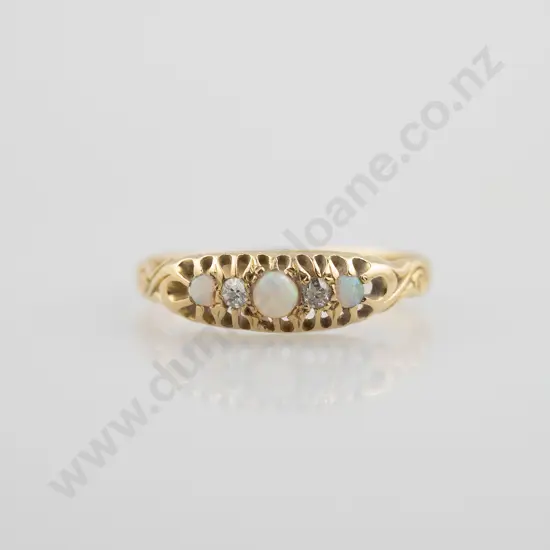 Victorian 18ct Five Stone Opal & Diamond Bridge Ring
