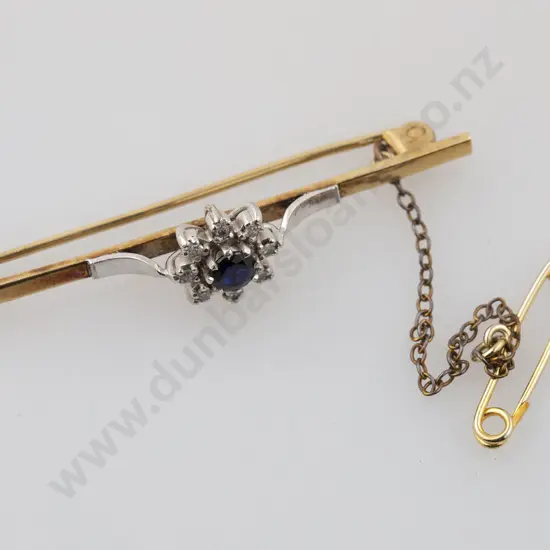 9ct Nine Stone Sapphire and Diamond Floret Cluster Bar Brooch