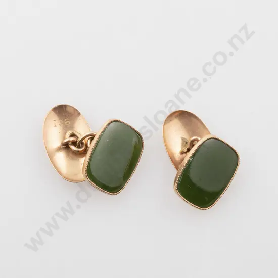 Pair 9ct and Greenstone Panel Cuff-Links