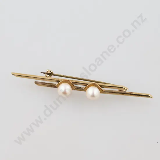 9ct Two Cultured Pearl Double Bar Brooch