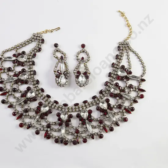 Vintage Ruby and Diamond Paste Neck Collar and Matching Earrings