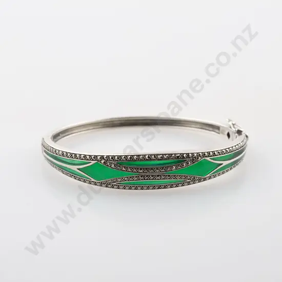 .925 Silver Marcasite and Green Glass Hinged Snap Bangle