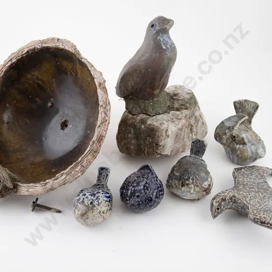 Six Murial Moody ceramic birds & bird bath