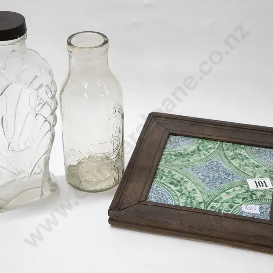Framed Decorative Tile & Two Vintage Bottles