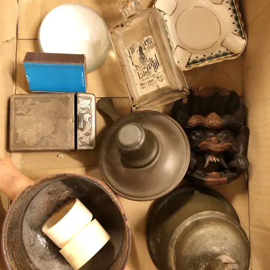 Small Box Assorted Vintage Items incl Ashtrays and Bottle etc