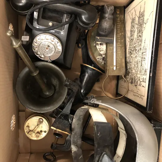 Box of Assorted Vintage Items incl Coffee Grinder and Welders Mask etc