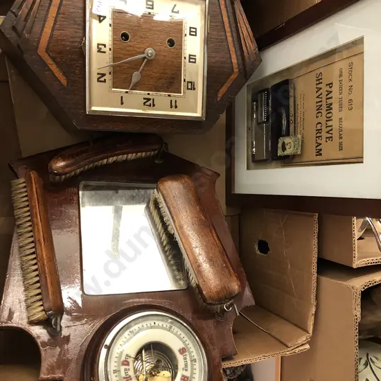 Art Deco Mantle Clock Together with Framed Shaving Display and Barometer Brush Tidy
