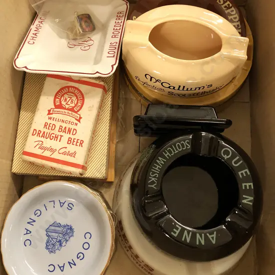 Box of Assorted Alcohol Advertising Ashtrays etc