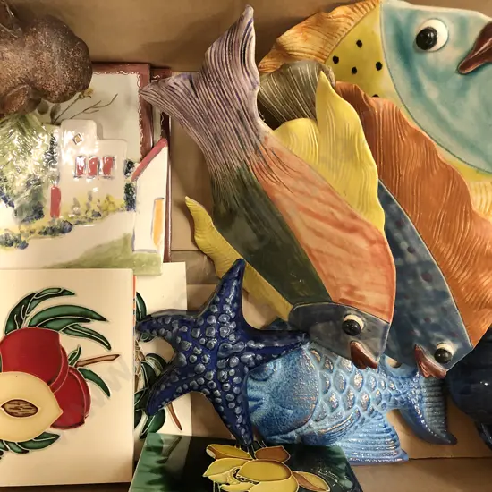 Box of Assorted incl Pottery Wall Hangings and Decorative Tiles