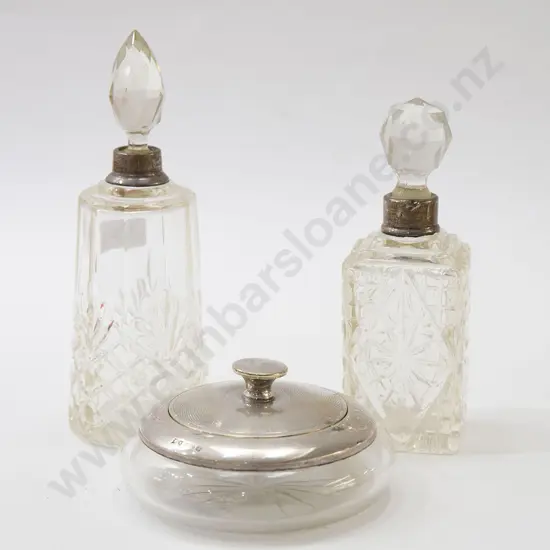 Silver Topped Powder Bowl and Two Glass Scent Bottles