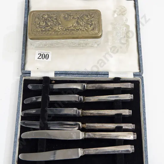 Cased Set of S/S Handled Fruit Knives with Brass Topped Glass Trinket Box and Perfume Bottle