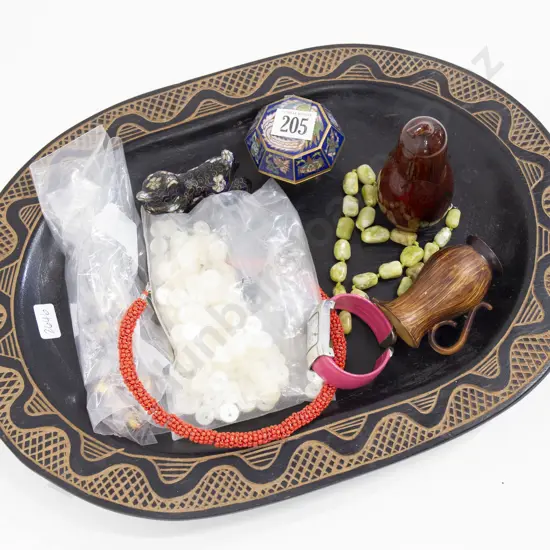 Qty of Assorted Including Cloisonné on Carved Wooden Platter